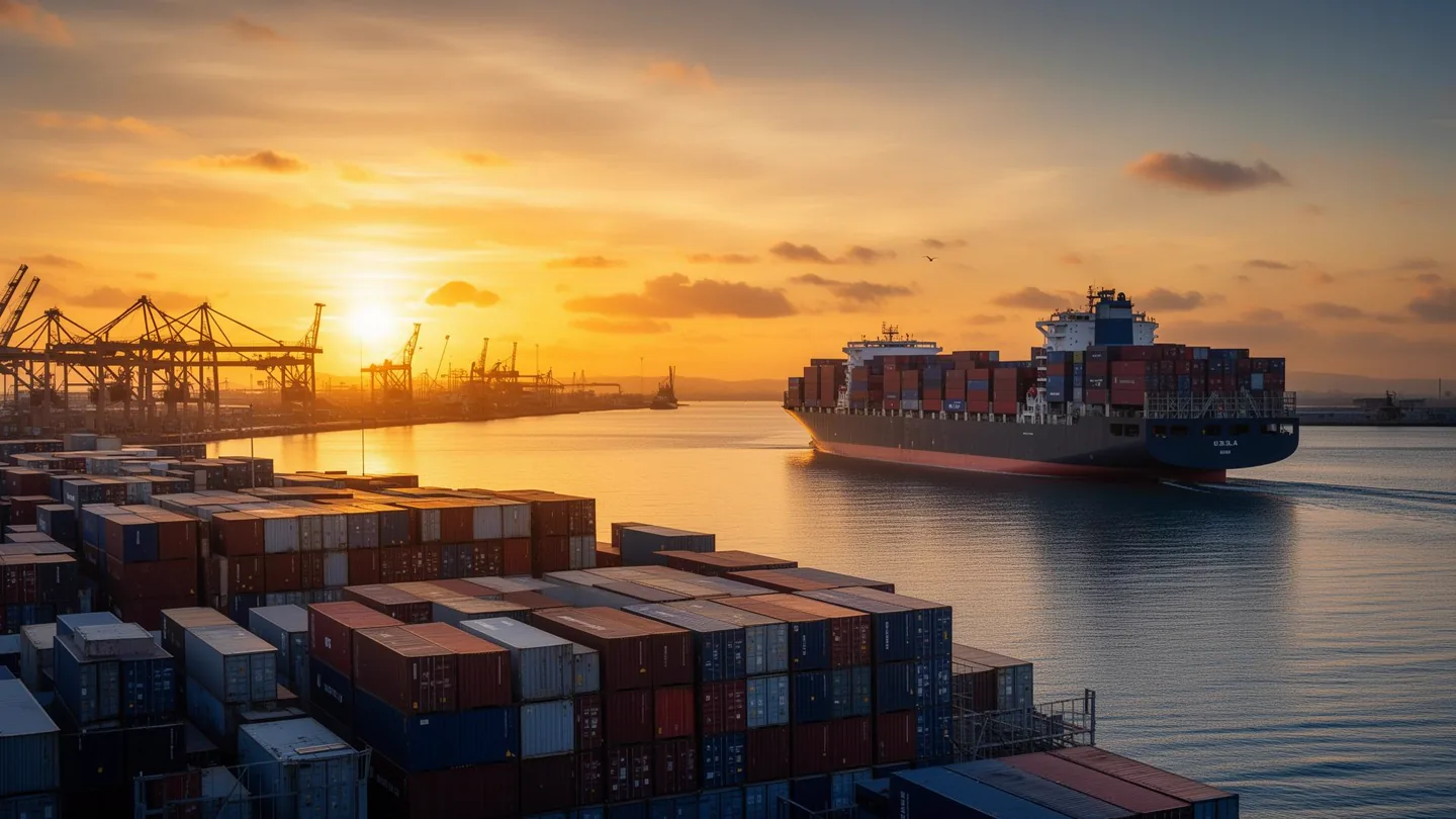 Illustration d’un porte-conteneurs et d’un port au coucher du soleil.